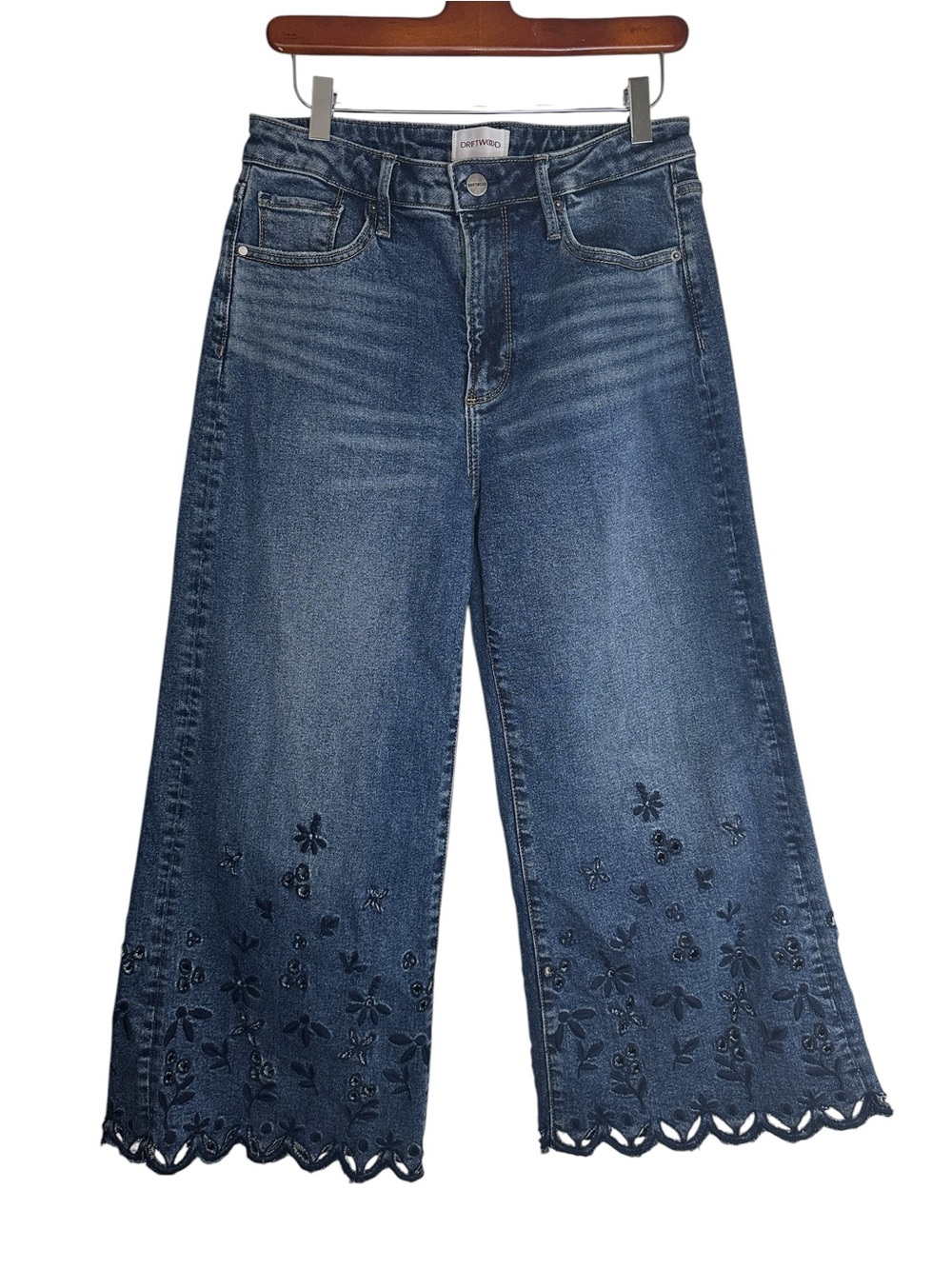 DRIFTWOOD Martha Wide Leg Crop Jeans Embroidered Scallop Hem Boho Denim Size 27